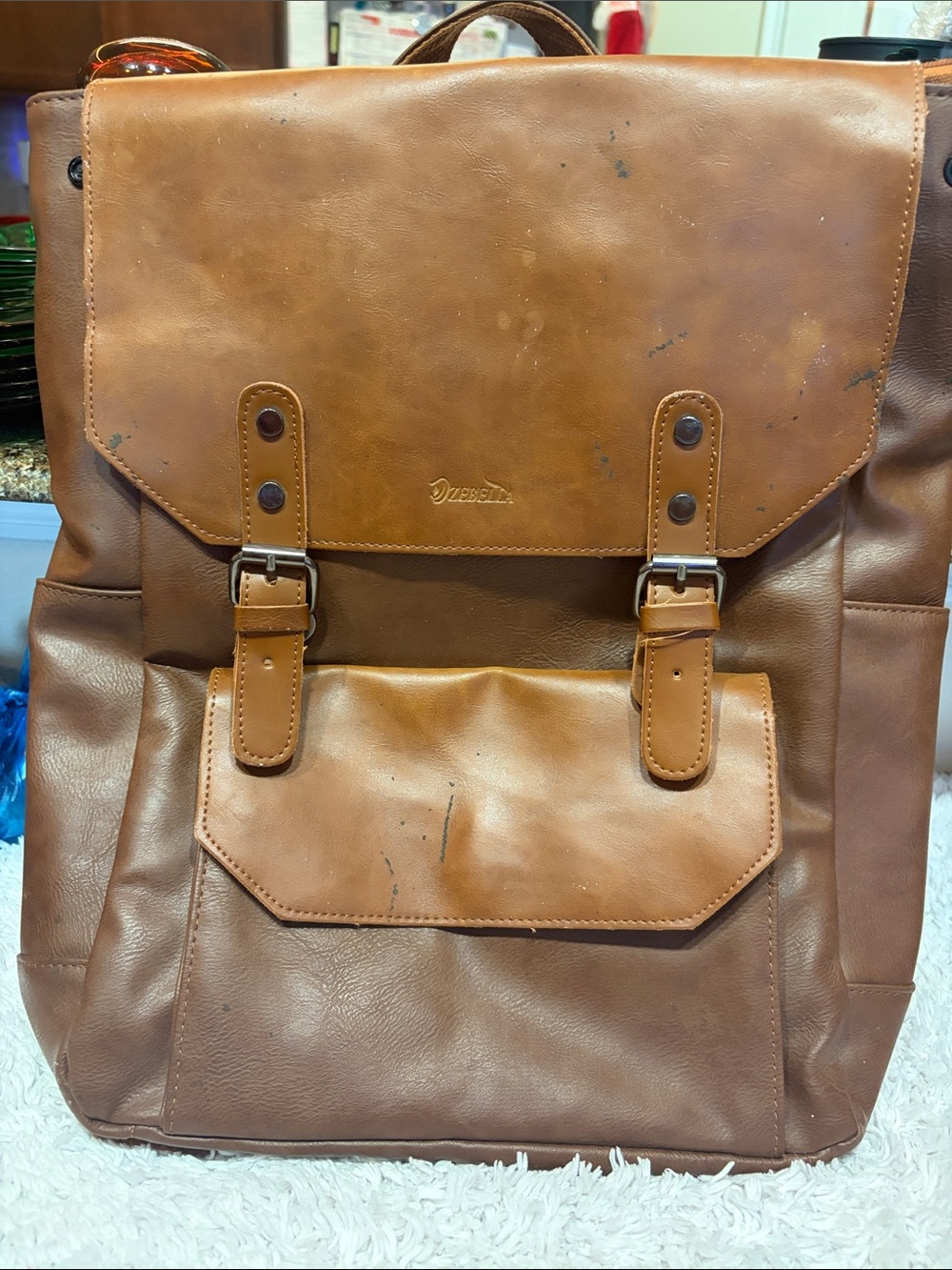 Diesel Tan Brown Leather Backpack with Front Pocket